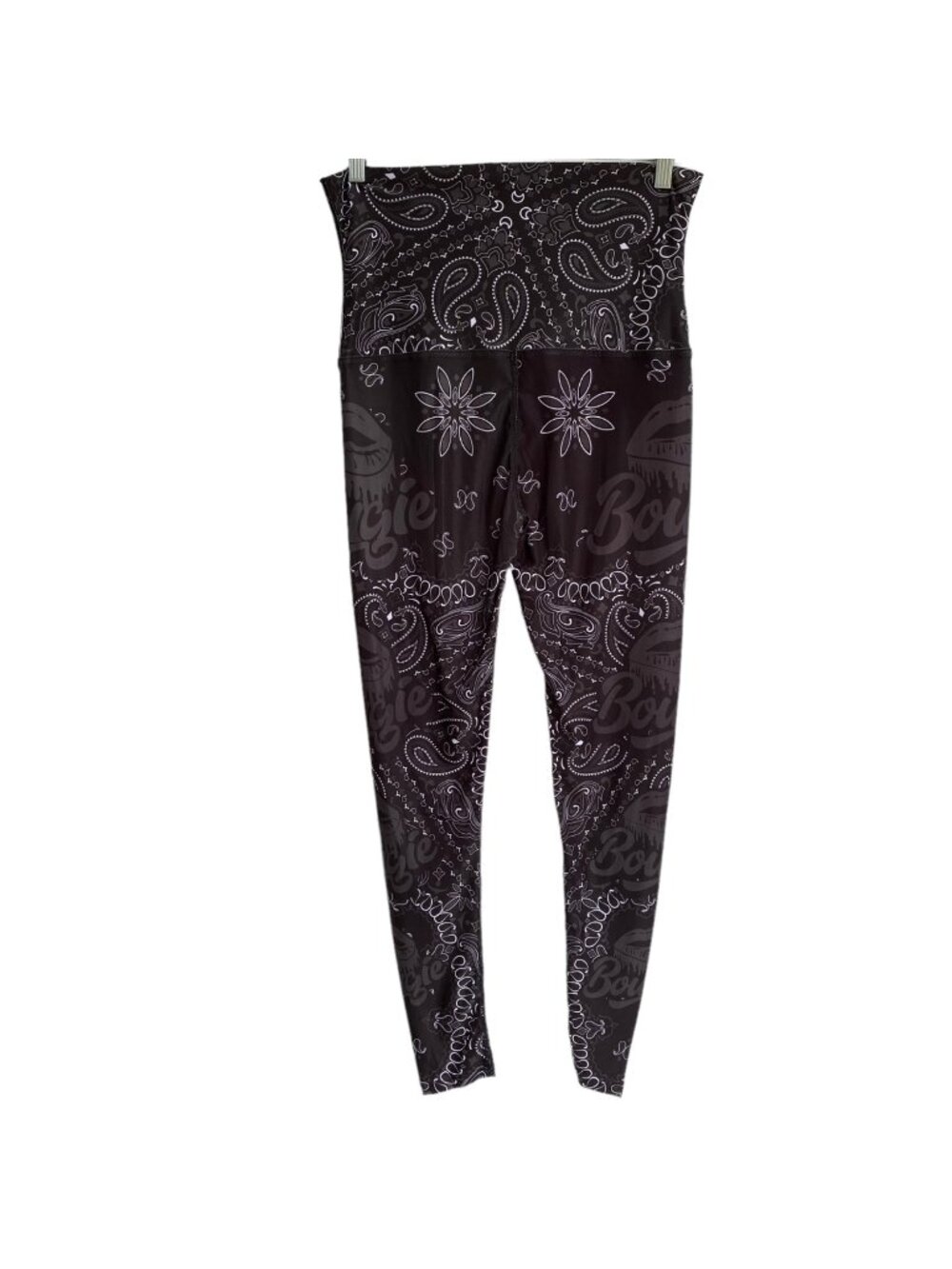 Bougie Boutique Women’s Leggings Size XXL 2XL Black White Paisley Print Spellout